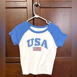 Vinyl Icons ‘USA' Graphic Raglan Ringer Cap-sleeve Baby Tee in White/Blue L